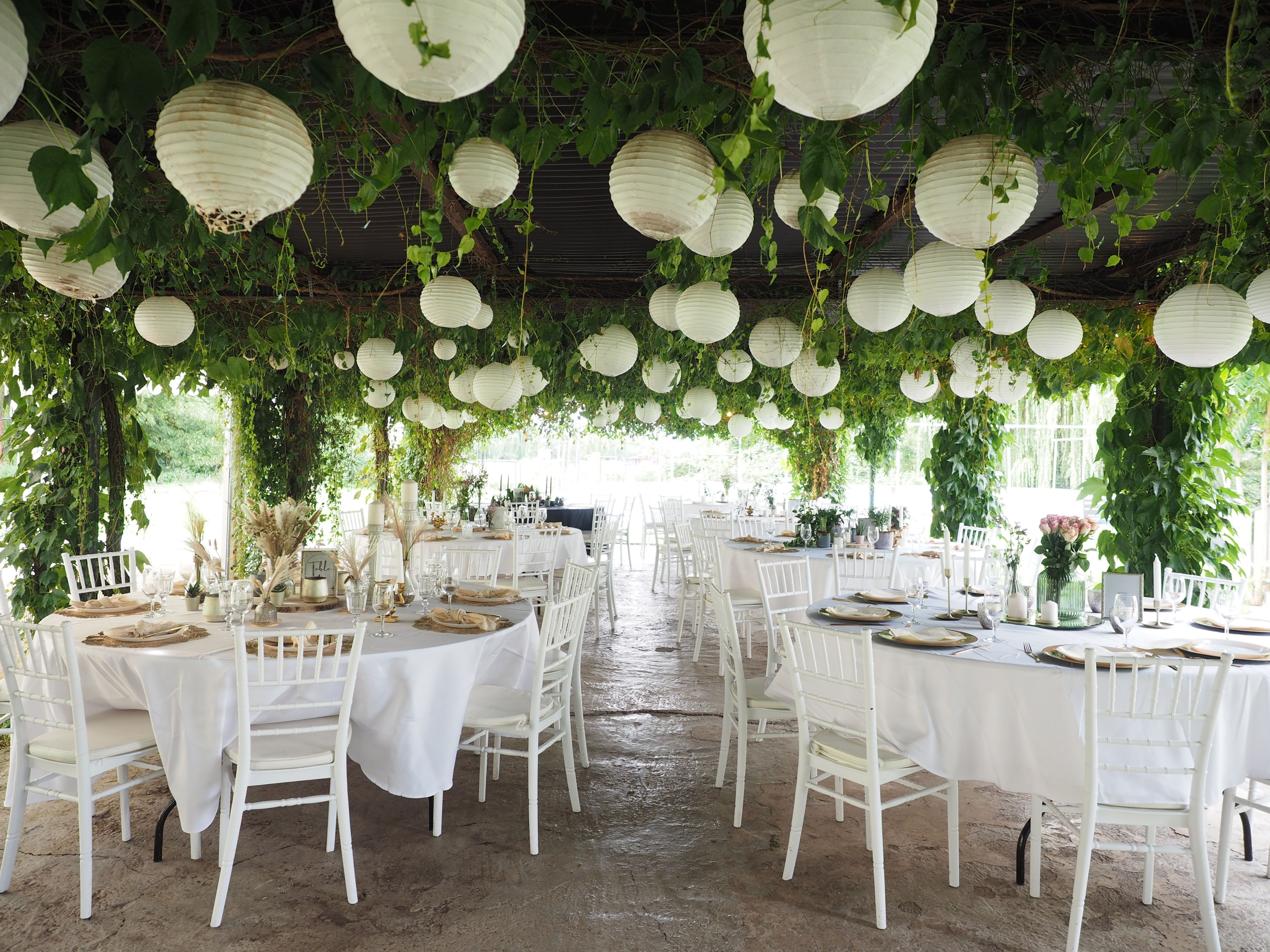 Das Bild zeigt mehrere Tische mit Stühlen, festlich eingedeckt mit Tellern, Besteck und Geschirr sowie Blumen und Kerzen unter einen Pavillion, mit Weinranken an der Decke und weißen Ballons dazwischen.