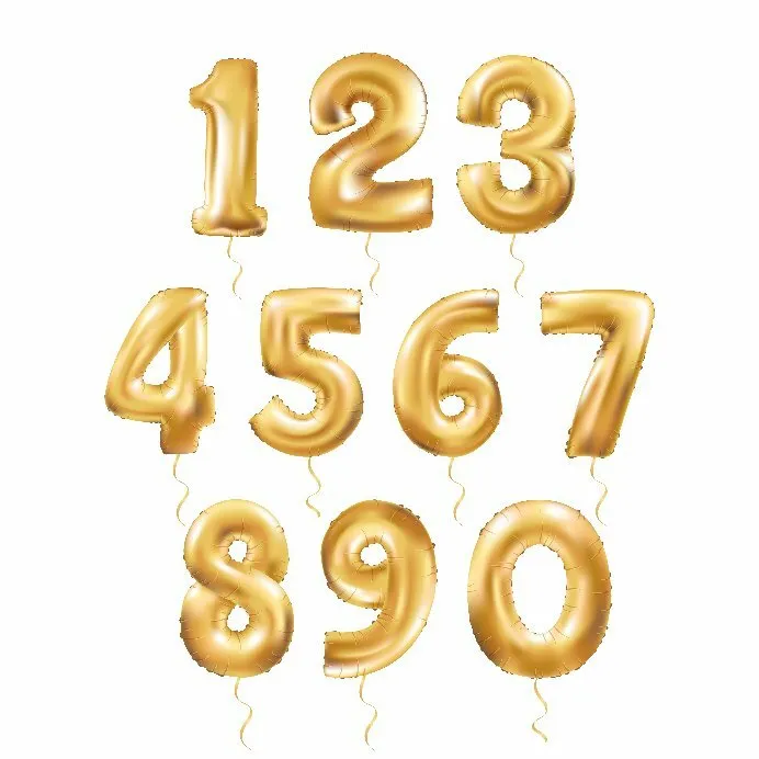 Auf dem Bild sind Luftballons in Zahlenform von 1-7 goldglänzend zu sehen.